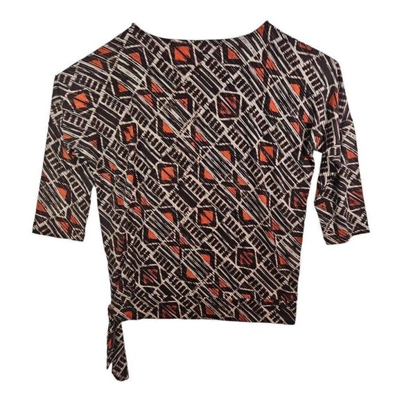 Chicos Brown Orange Ethnic Print Dolman 3/4 Sleeve Side Knot Knit Top Sz 1 - Picture 5 of 6